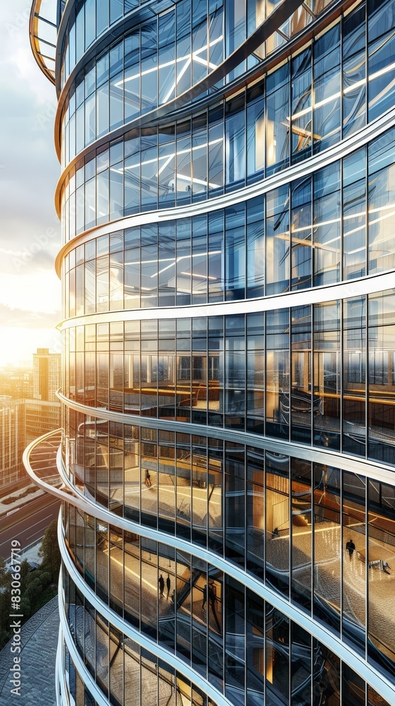 Modern Futuristic Office Building with Curved Glass Facade and Steel ...