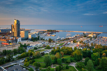 Wall Mural - Aerial landscape of the harbor in Gdynia with modern architecture at sunset. Poland