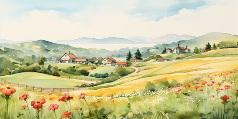 Wall Mural - Beautiful rural landscape illustration with green summer field and blue sky