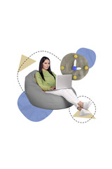 Aufkleber - Vertical collage picture of successful girl sitting comfort beanbag use netbook plasticine wall watch clock isolated on drawing background