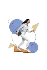 Poster - Vertical collage image of cheerful mini girl hand hold netbook running big flying paper plane isolated on drawing beige background