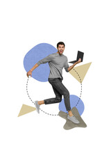 Canvas Print - Vertical collage image of excited positive guy use netbook run arrow pointer cursor isolated on creative painted background