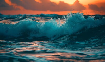 Wall Mural - Ocean waves at sunset with orange and teal hues, Generative AI