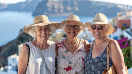 Happy senior women tourists enjoying their vacation in Greece.