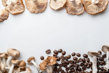 Wall Mural - Coffee beans and mushrooms mixed together. Trendy superfood background