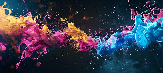 Wall Mural - Pink, blue and yellow ink splashes in the water. Animation. on a dark background. paint injection