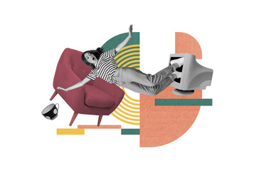 Wall Mural - Creative photo collage of young excited lady falling out old vintage computer display workplace armchair remote job isolated on drawing background