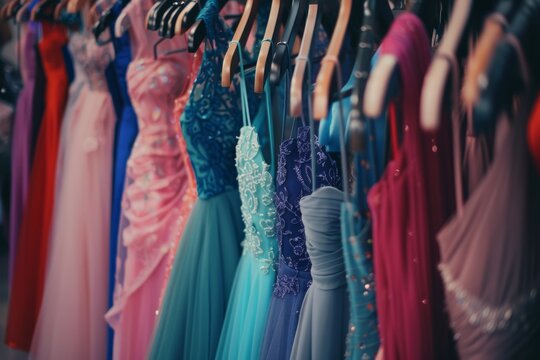 dress shop with various dresses hanging on hangers, including light pink and orange. ball gown chiff
