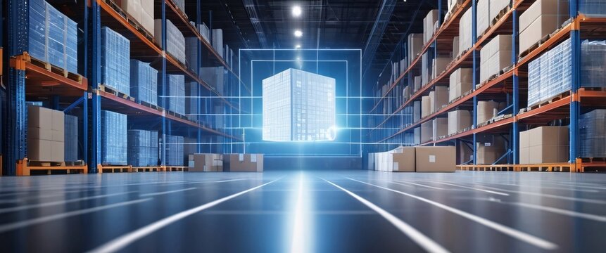 Smart warehouse management system using augmented reality technology to identify package picking and delivery. Future concept of supply chain and logistic business, An abstract digital background with