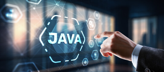 Wall Mural - Businessman clicks Java programming language application concept on virtual screen