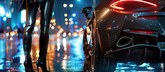 Closeup girl the wheels on black both sides of the sport car with blurred city night background.