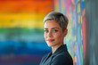 © SKT Studio - Short-haired LGBTQ businesswoma, strong leadership qualities, wearing a business suit, leading a meeting to support LGBTQ in the organization for Pride Month