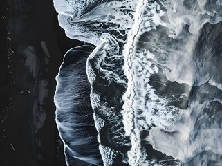 Wall Mural - Aerial View of Black Sand Beach with Crashing Waves in Iceland