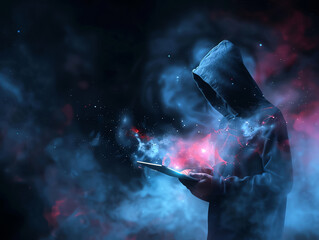 Enigmatic hacker holding a glowing laptop, light particles forming stars, dark smoky background, with copy space included