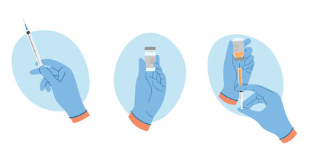 set of illustrations with hand in gloves with syringe, ampoule with liquid. making injection concept