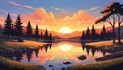 Wall Mural - a painting of a sunset over a lake