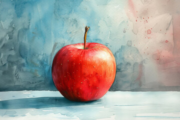 Watercolor Painting of a Red Apple on a Light Blue Background