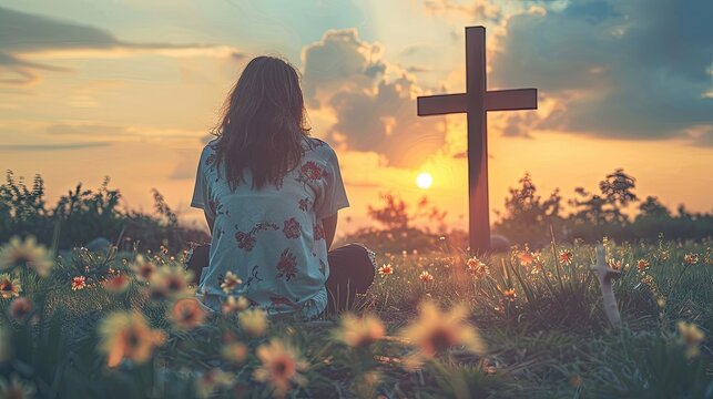 A woman sits in a field of flowers, looking at a cross in the distance