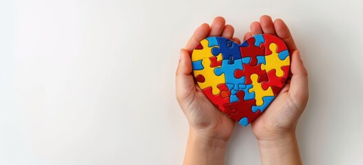 Wall Mural - Hands holding a colorful puzzle heart isolated on a white background.