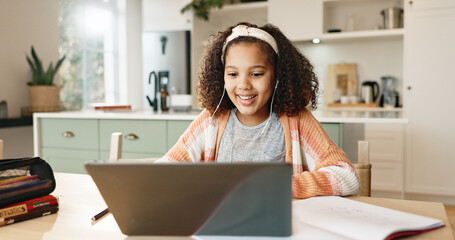 Poster - Girl child, education and online with laptop for e learning in home, digital application and literature for growth or development. Kid, internet and virtual class for homeschooling and website.