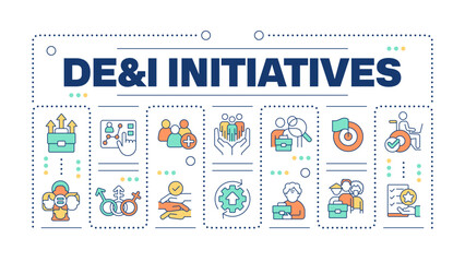 DEI initiatives word concept isolated on white. Diversity, equity and inclusion.Workplace culture. CSR. Creative illustration banner surrounded by editable line colorful icons. Hubot Sans font used