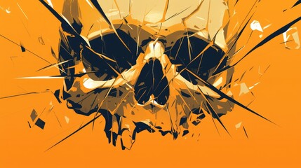 Wall Mural - A spooky Halloween cartoon background featuring cracked skull structure on an orange and white backdrop