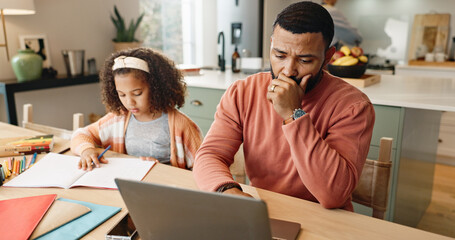 Poster - Father, laptop and homework of child in house for multitasking parent at kitchen table, deadline or learning. Man, daughter and online research or remote work with girl education, freelance or career