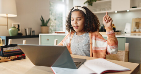 Poster - Girl child, education and answer with laptop for online learning in home, digital application and literature for growth or development. Kid, internet and virtual class for homeschooling and website.