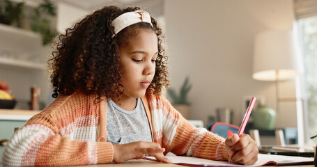 Fototapete - Young girl, student and writing with book in kitchen for homework or assessment at home. Female person, child or kid taking notes or studying with stationery for learning or education at house