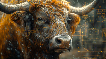 Wall Mural - a close up of a bull with a digital background. Concept of bull market during crypto bullish