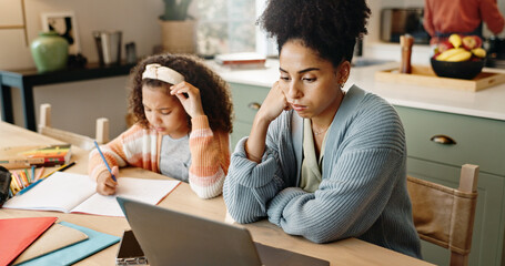 Poster - Mother, laptop and child homework or tired as multitasking parent for remote work, education or burnout. Female person, daughter and project deadline in apartment for youth, stressed or exhausted
