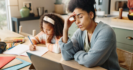 Poster - Mother, laptop and frustrated for education, learning and headache for future or knowledge. Girl, student and kitchen for stress, anxiety or support for home school or development with assessment