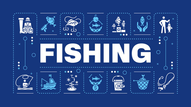 Fishing blue word concept. Fish harvesting. Fly fish hook. Aqua food production, ecosystem. Visual communication. Vector art with lettering text, editable glyph icons. Hubot Sans font used