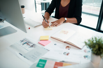 Aufkleber - Business woman, computer and documents in office for work, schedule or planning with notebook. Project manager, technology and sticky notes in workplace for administration, kpi and goals with company