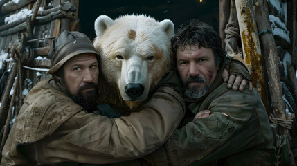 Poster - a white bear in the pole is hugging 2 men in both sides of him, and they all looking forward to the camera