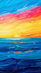 Wall Mural - abstract background with blue undulating sea under a bright colored sunset sky