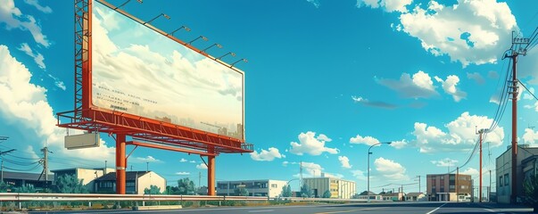 Generative AI illustration of empty billboard placed on asphalt road near residential buildings against blue sky in city