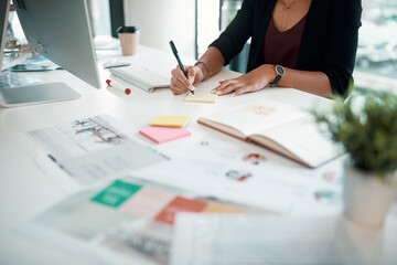 Aufkleber - Document, notes and hands of person with market research, report and review of info on desk. Office, notebook and woman writing reminder for paperwork, data analysis and planning with charts of stats