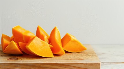 Poster - Fresh pumpkin pieces without skin on a wooden surface against a white backdrop