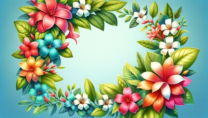 Wall Mural - A vibrant and colorful border illustration with Arabian jasmine, lush green leaves and other tropical flowersjpg
