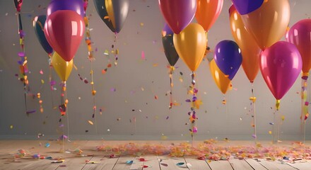 Wall Mural - Balloons with confetti and streamers underneath Concept Party Decorations Confetti Balloons Streamer Backdrop