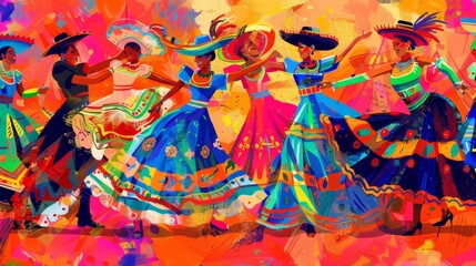 Colorful reinterpretation of Latin American festivities with dynamic energy