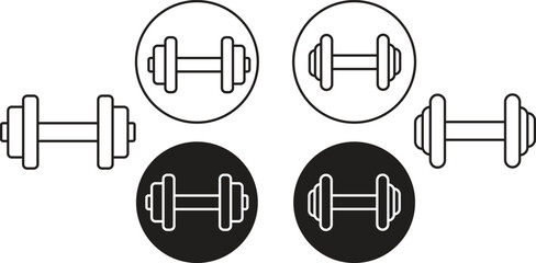 Set of Gym heavy strength training dumbbells pictogram. Weight lifting dumbbell signs editable stock. Dumbbells icons in Black line styles. Vectors for sports hall isolated on transparent background.
