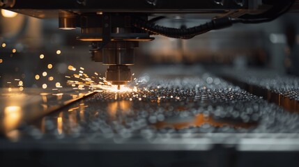 CNC laser cutter in operation, producing intricate metal details with pinpoint accuracy (copy space) theme, modern engineering dynamic Blend mode assembly line