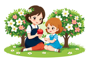 Wall Mural - a mother and daughter sitting in the grass with an apple