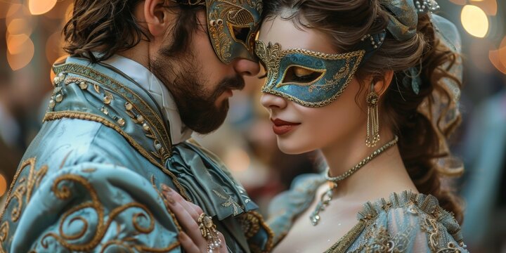 at the masquerade ball, a romantic couple dances in elegant attire, exuding love and happiness.