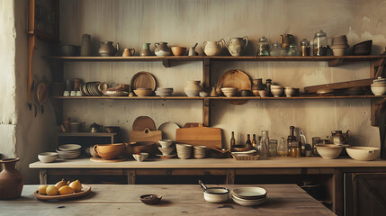 Vintage pottery, kitchen equipment show on worn wooden shelf in a brightly store