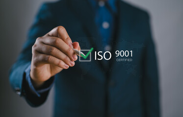 Poster - ISO 9001 Standard certification standardization quality control concept, businessman choose ISO 9001 icons for certified and quality management of organizations.