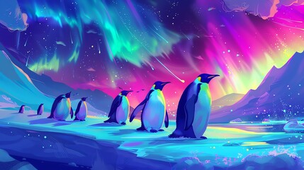 Canvas Print - A group of penguins walk across an icy landscape. The sky is filled with bright colors.