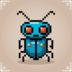 Wall Mural - Beetle in 8 bit pixel art. Insect animals for game assets and cross stitch patterns in vector illustration.